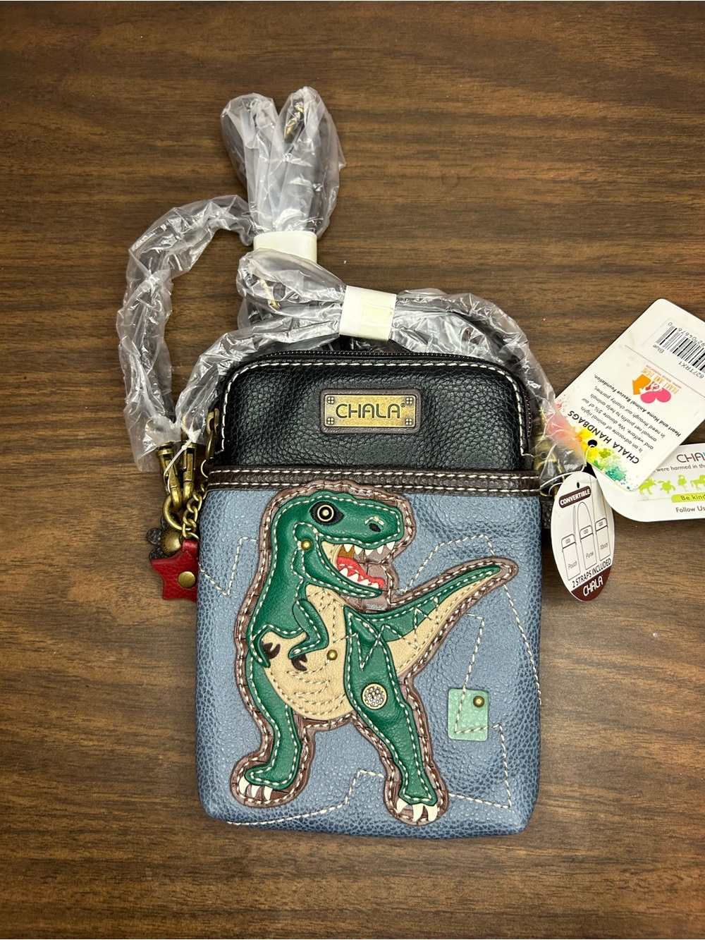 NWT Chala T-Rex Blue Vegan Leather Cellphone Crossbody Dinosaur Bag